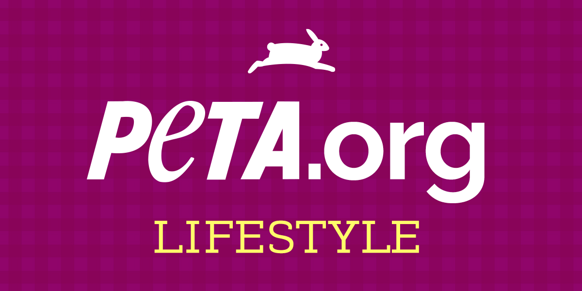 Purple Plaid Background with PETA Bunny Logo with PETA.org and Lifestyle underneath