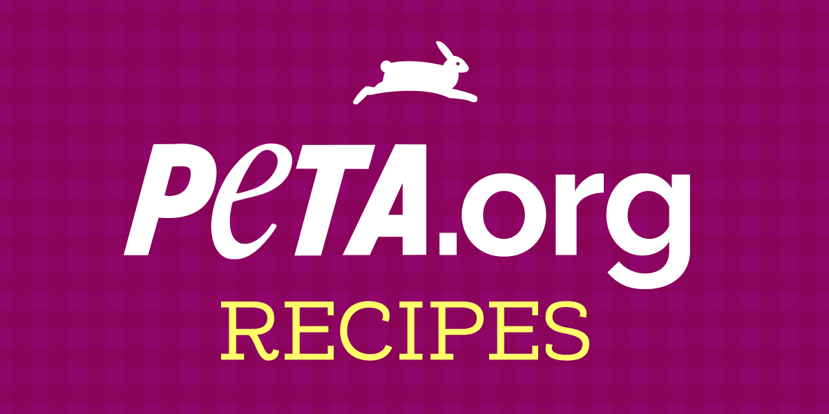 Purple Plaid Background with PETA Bunny Logo with PETA.org and Recipes underneath