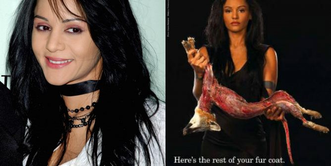 Two photos of Persia White, in one of which she's holding a "dead" "fox"