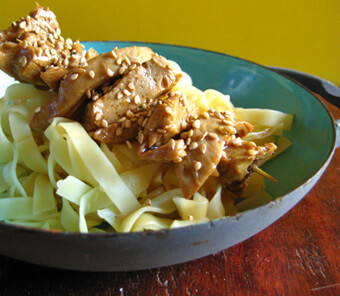 ‘Pork’ Skewers Over Noodles