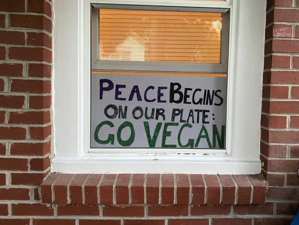 Poster in window reading "Peace begins on our plates. Go vegan!