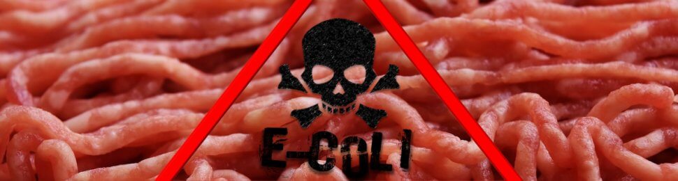 e coli warning sign on top of a photo of ground beef