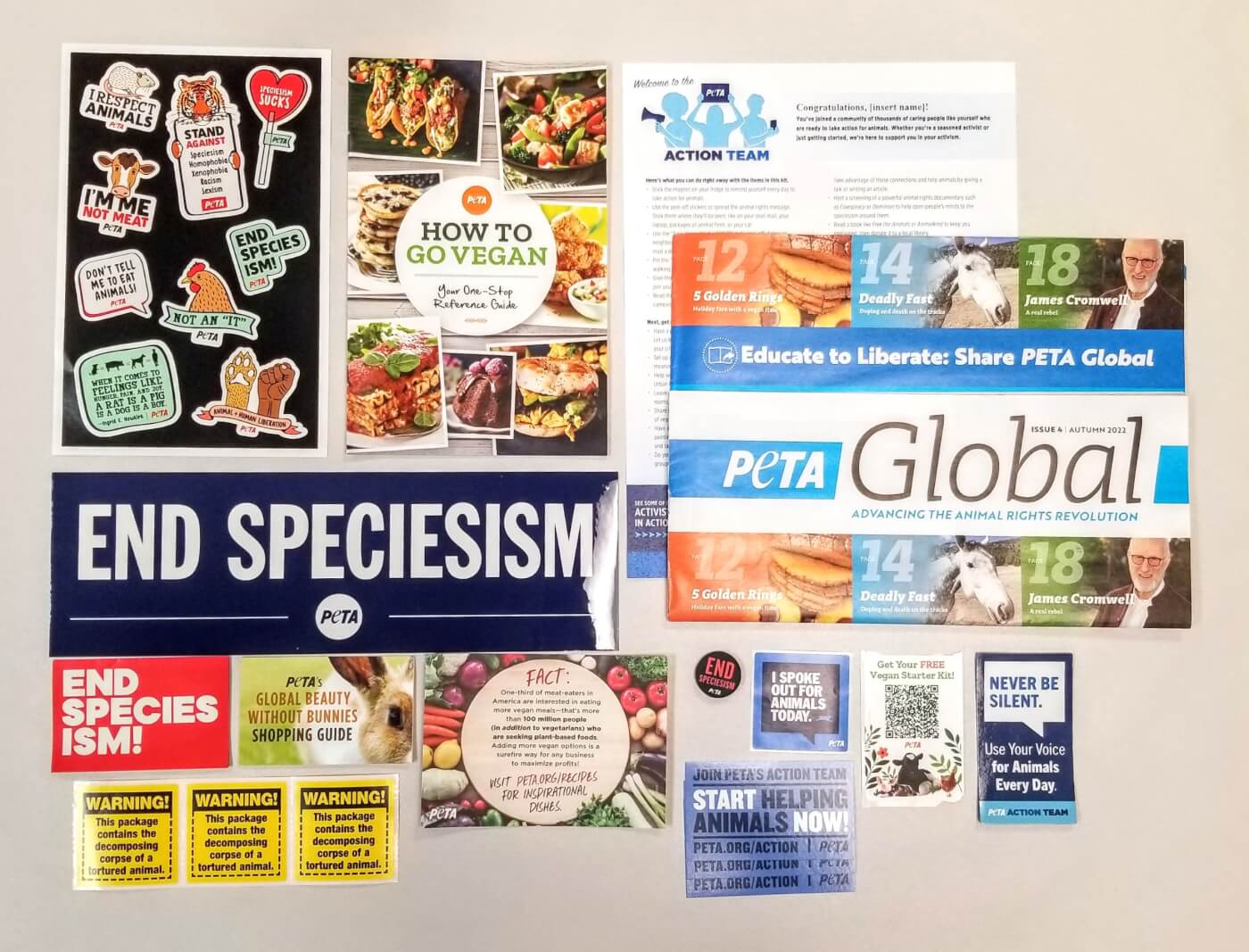 PETA's Action Team starter kit: stickers, magazine, etc.