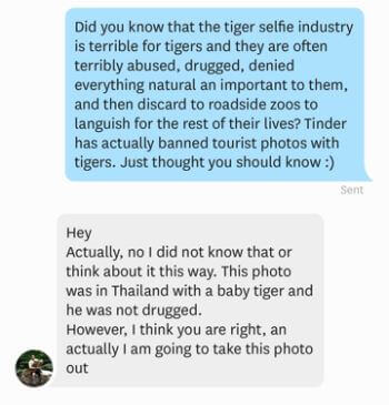 Tinder, Tiger selfies, Outreach, Activism