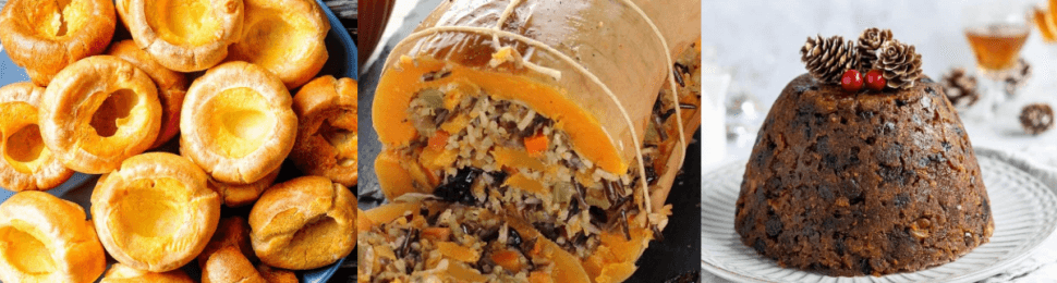 vegan christmas feast yorkshire pudding, stuffed butternut squash, christmas pudding