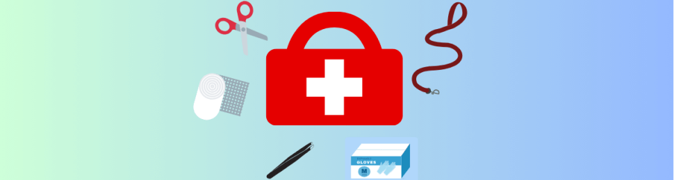 dog first aid kit graphic including scissors, gauze, leash, tweezers, gloves