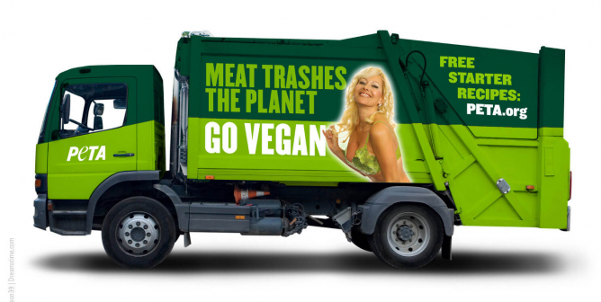 Meat Trashes the Planet. Go Vegan. (Garbage Truck)