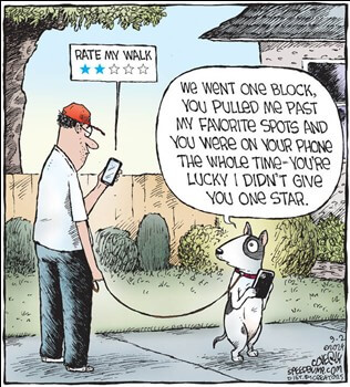 Man walkng dog while on phone; the dog has rated his walk 3 stars, and says, "We went one block, you pulled me past my favorite spots and you were on your phone the whole time. You're lucky I didn't give you one star. "
