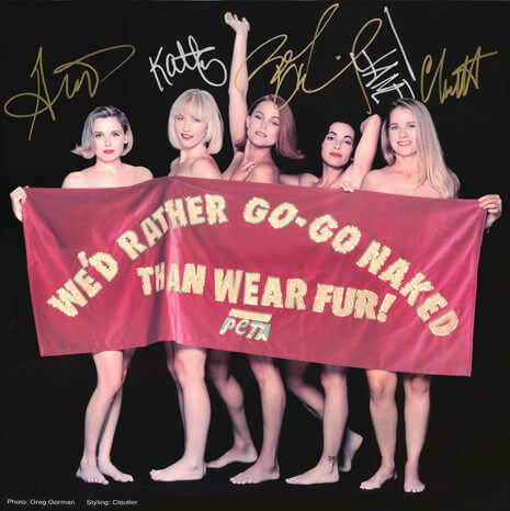 Gina Schock, Kathy Valentine, Belinda Carlisle, Jane Wiedlin, and Charlotte Caffey were music to animals’ ears when they launched PETA’s “naked” ad campaign in 1991.