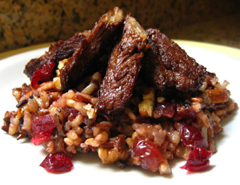 ‘Beef’ Strips Over Pecan and Cranberry Pilaf