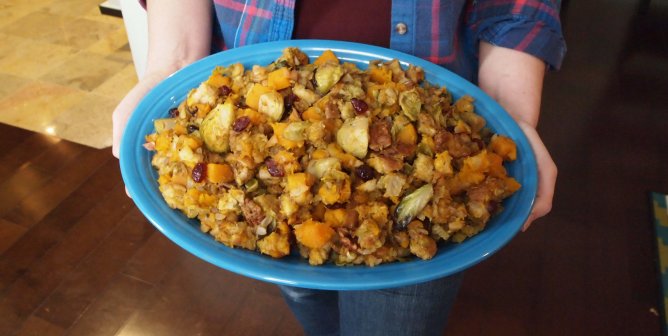 Butternut Squash, Brussels Sprouts, and Bread Stuffing with Apples