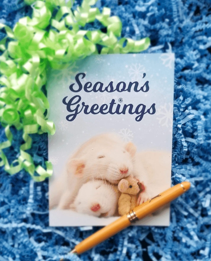 A holiday card that reads "Season's Greetings" with a photo of two white rats snuggling