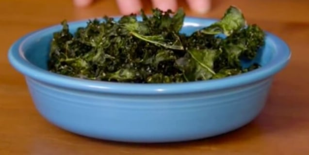 Blue bowl of vegan kale chips