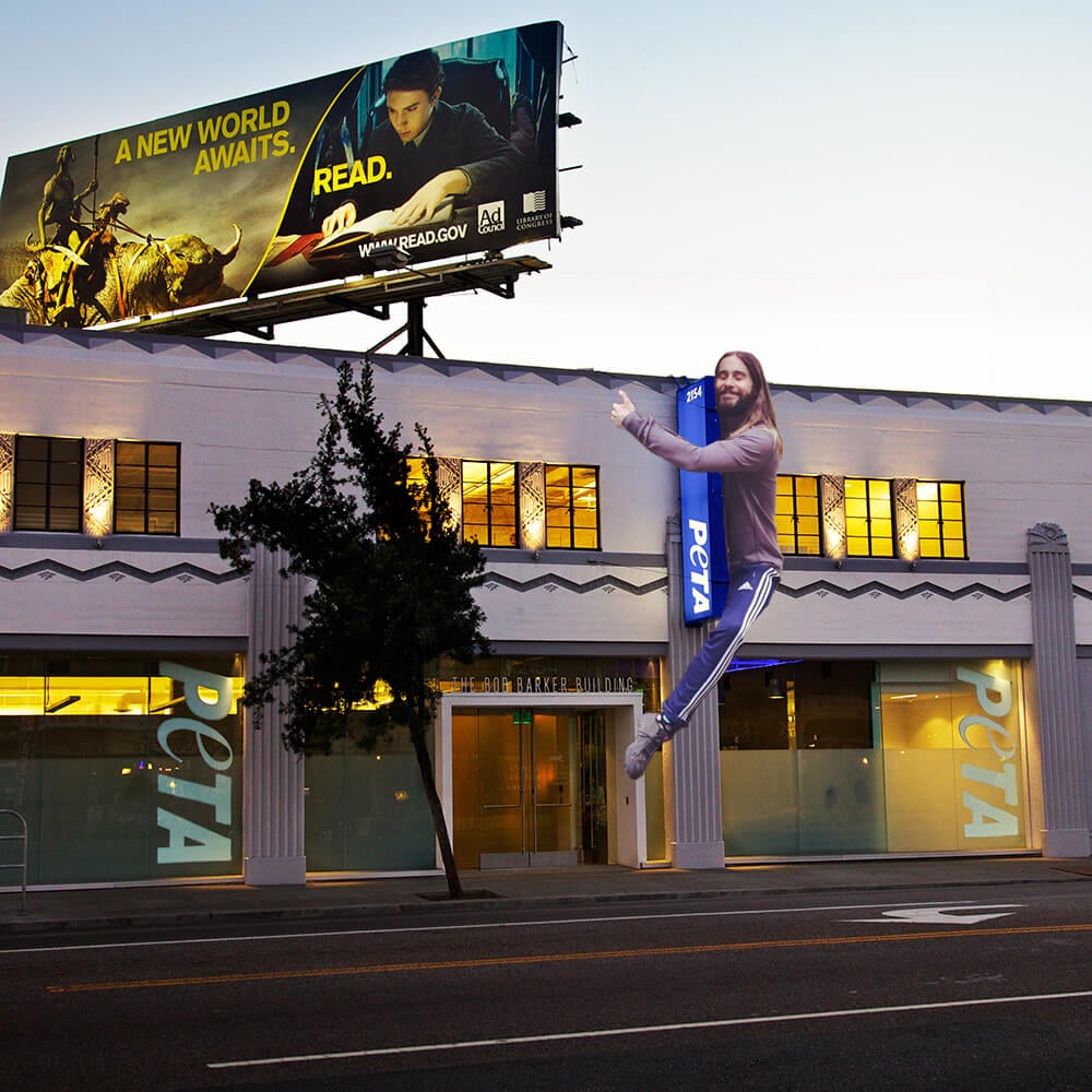 Jared Leto Hugging the PETA Sign