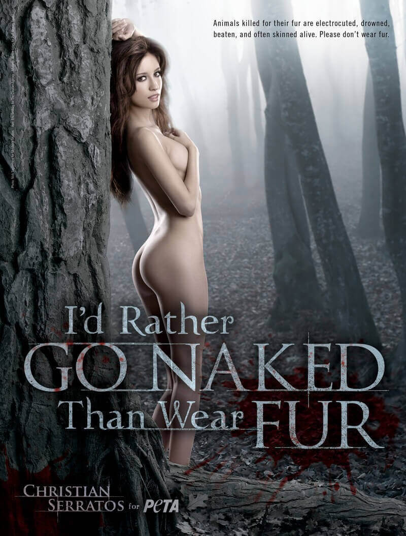 Christian Serratos poses nude in the forest with text reading "I'd Rather Go Naked Than Wear Fur"