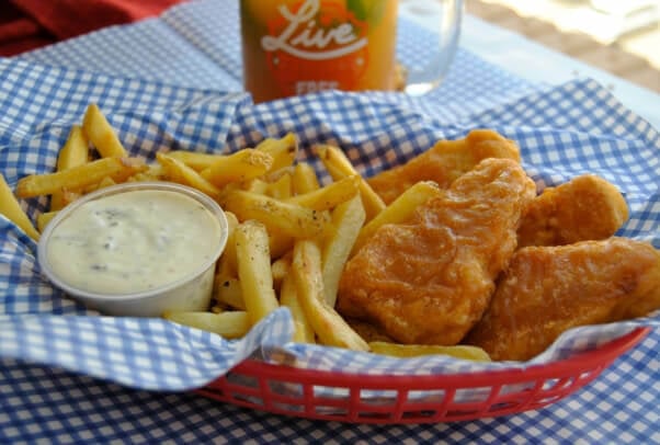 gardein fishless filets and fries in a basket