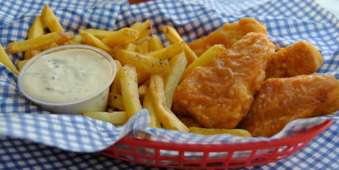 gardein fishless filets and fries in a basket