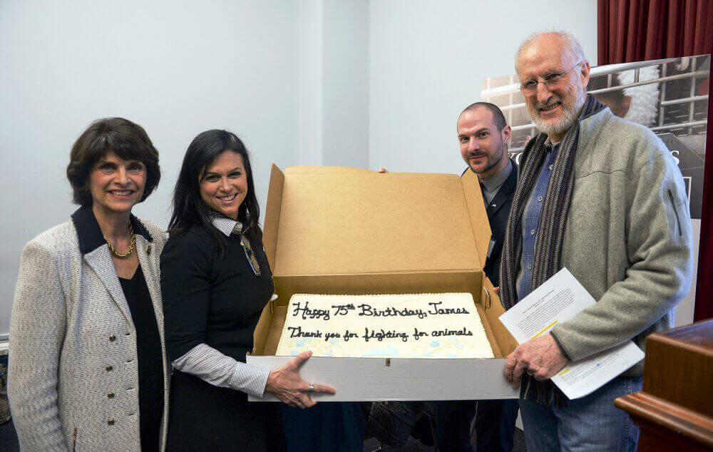 Representative Lucille Roybal-Allard, Together With PETA's Lisa Lange and Justin Goodman, Presenting a Birthday Cake to James Cromwell