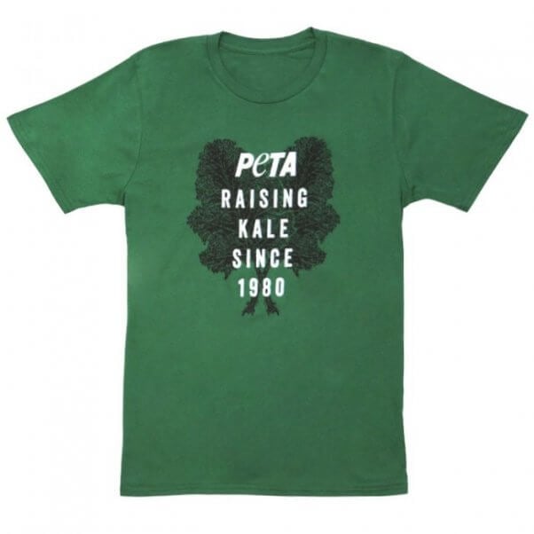 A green t-shirt reads "PETA Raising Kale Since 1980"