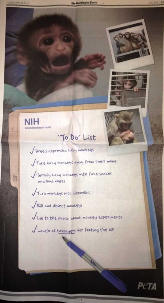 PETA Washington Times NIH Ad in Newspaper