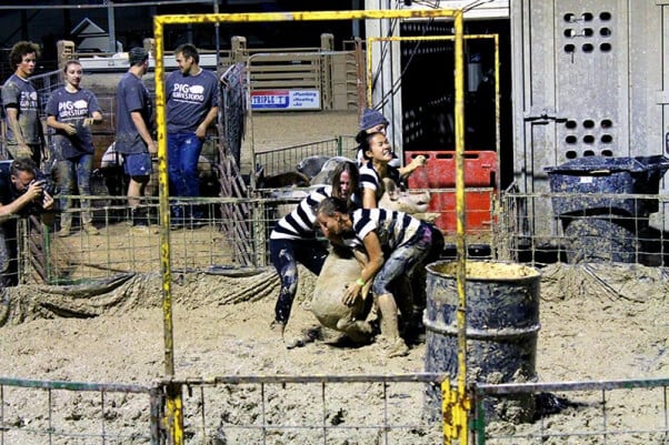 girls attempt to lift pig at pig wrestling event