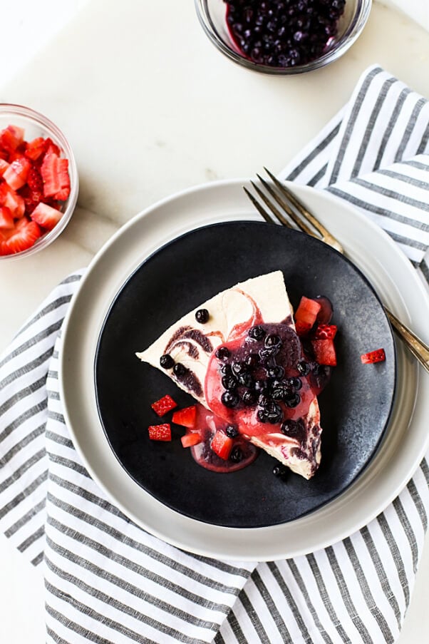 Strawberry Blueberry Swirl Cheesecake from Blissful Basil