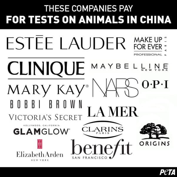logos from companies that test on animals in China: estee lauder, make up for ever, mary kay, NARS, OPI, Bobbi Brown, Maybelline, La Mer, Victoria's Secret, Clarins, GlamGlow, Origins, Elizabeth Arden, and Benefit