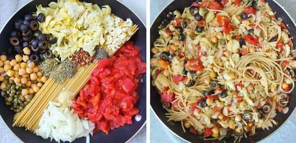 Puttanesca pasta before and after