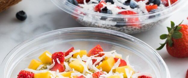 Chia Pudding Cups with strawberries mangos and blueberries from Jamba Juice