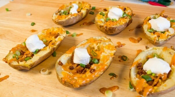 Potato Skins Vegan With Cheddar and Bacon