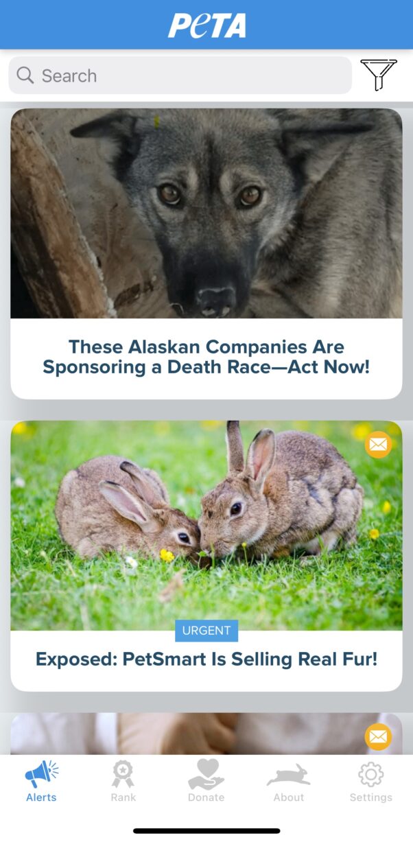 PETA's iPhone app showing action alerts about the Iditarod and PetSmart