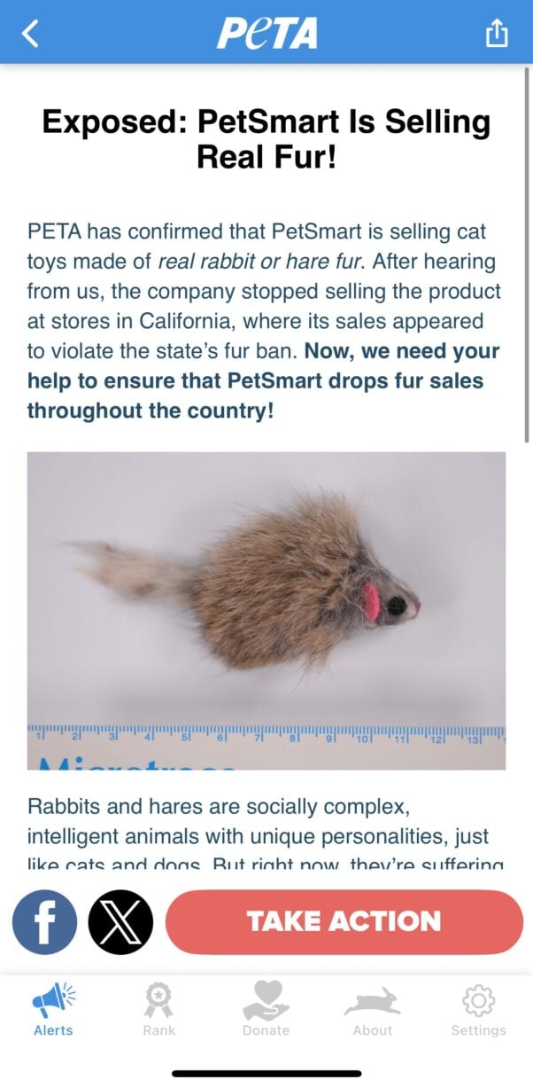 PETA's iPhone app showing an action alert about PetSmart