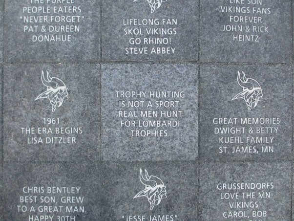 Anti-trophy hunting legacy brick at Vikings Stadium