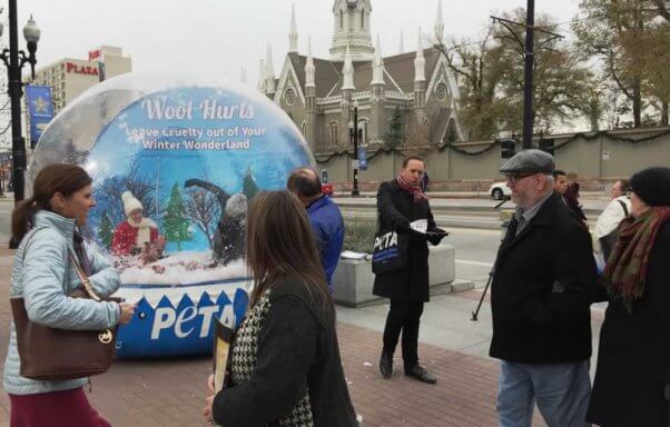 PETA anti-wool snow globe demo in Salt Lake City, UT