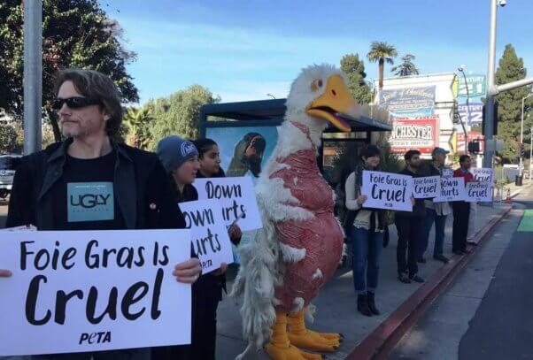 Costumed 'goose' and protesters in front of "I Am Not..." ad