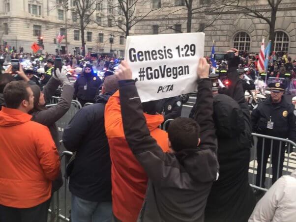 PETA supporter holds up sign as President Trump's car drives by