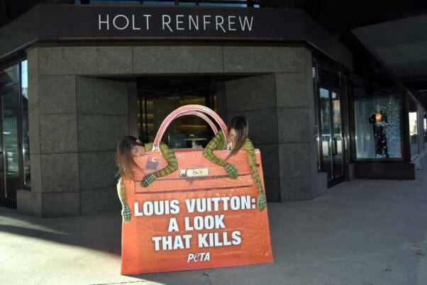 Bodypainted "Crocodiles" protest Louis Vuitton at Holt Renfrew in Edmonton