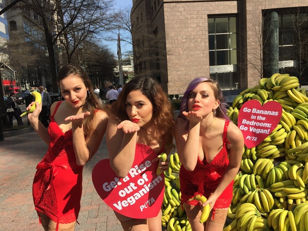 women in sexy outfits pose with bananas