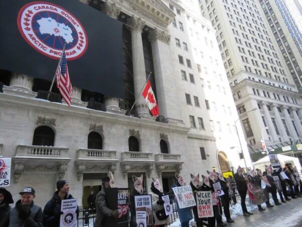 Activists in coyote masks protest Canada Goose outside the New York Stock Exchange