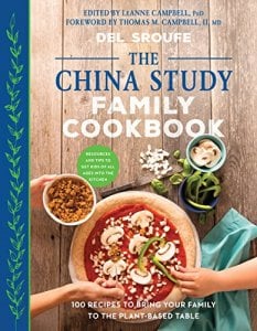 Front cover of The China Study Family Cookbook with photo of vegan pizza