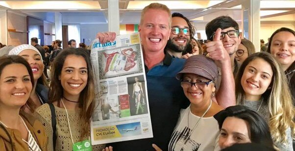 Dan Mathews, Brazil, VegFest, meat tray demo, front page of newspaper