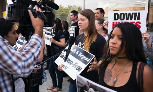 PETA representatives interviewed outside Bed Bath & Beyond