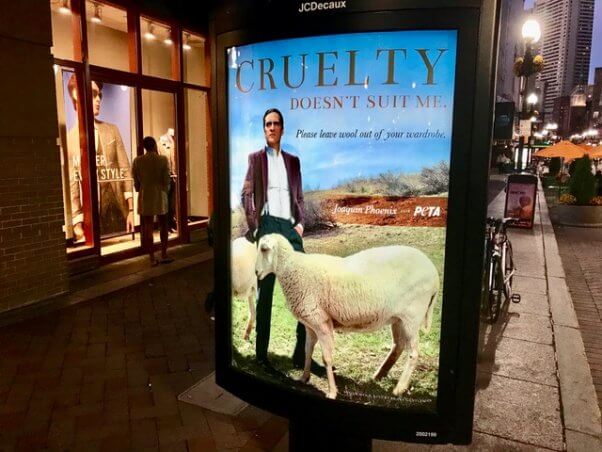 joaquin phoenix billboard, wool billboard, wool free winter