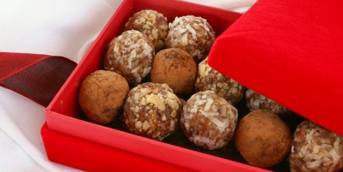 red box of vegan date balls