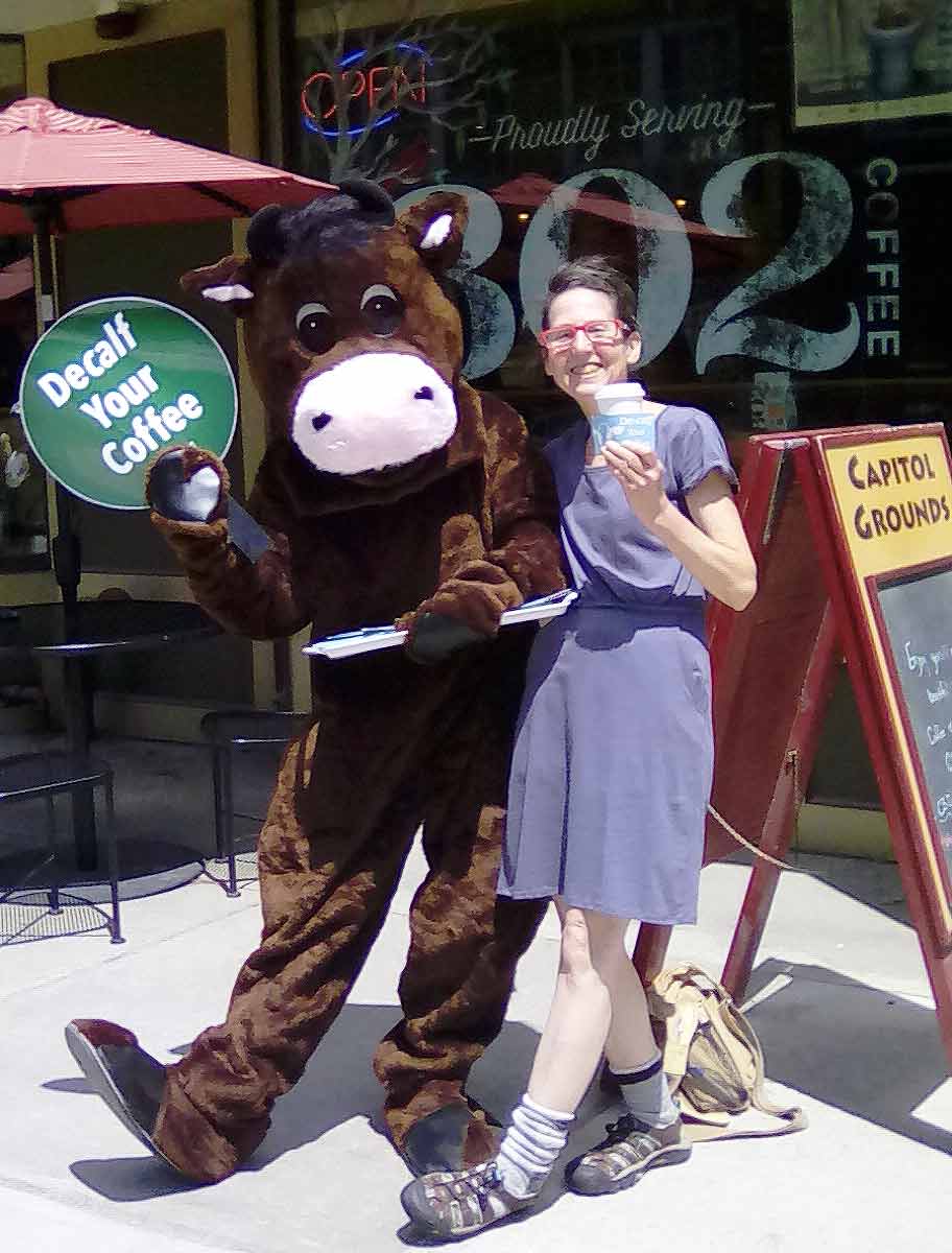 montpelier vermont peta decalf your coffee demo with mascot