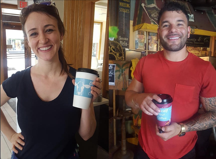 these customers proudly show off their dairy-free beverages, complete with DECALF your coffee cup sleeves from PETA