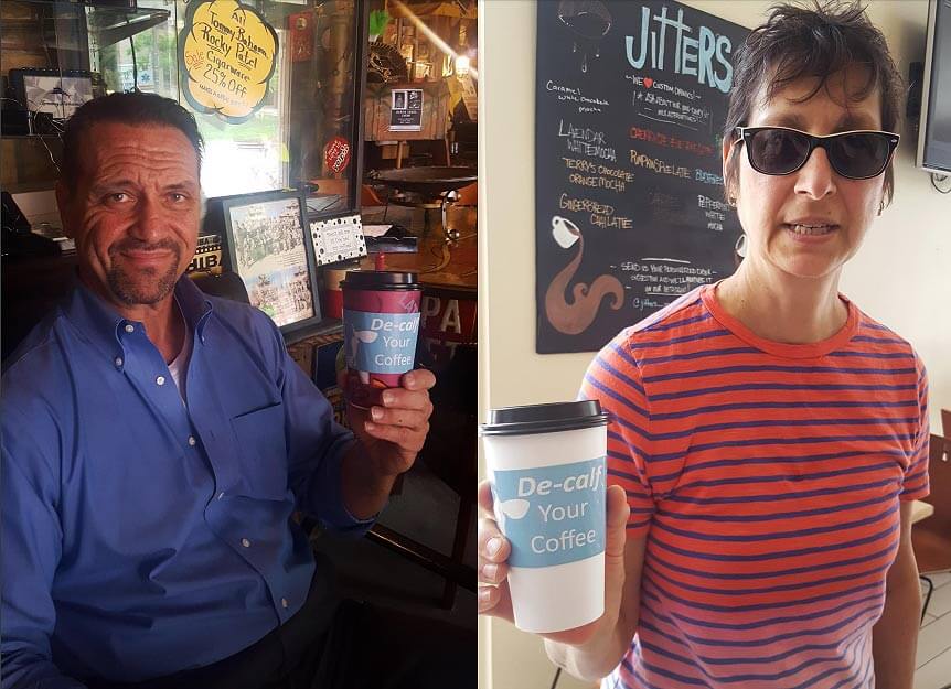 customers using PETA's custom DECALF your coffee cup sleeves