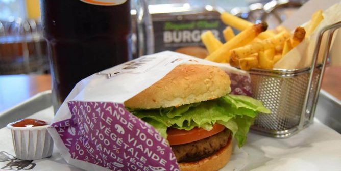Vegan burger, fries, and root beer