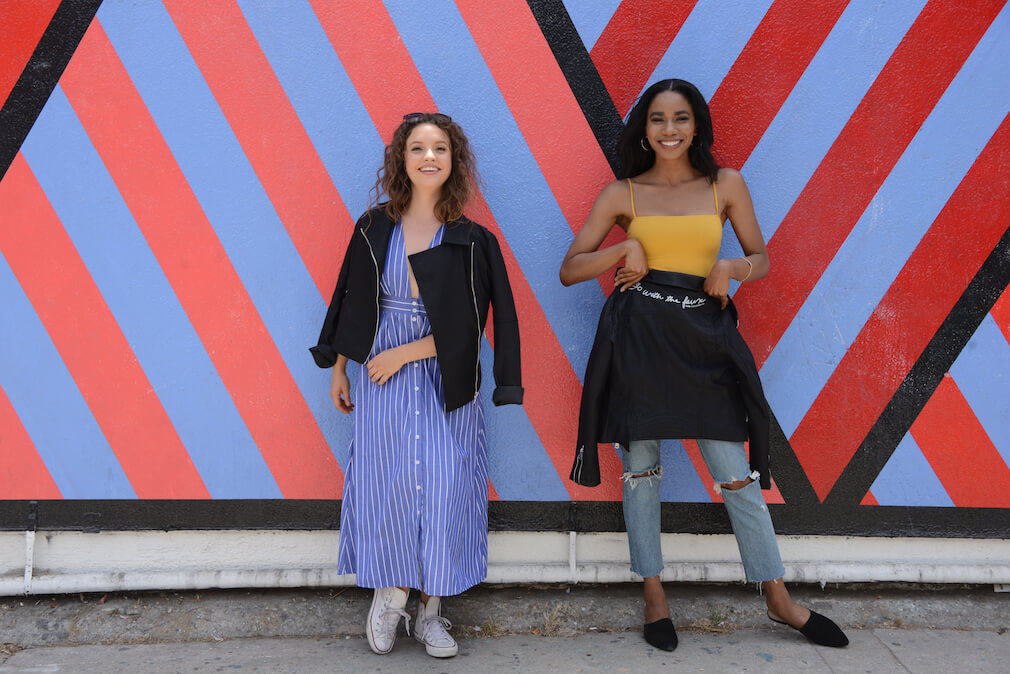 two women modeling PETA x Coalition LA faux leather jackets