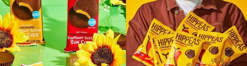 side by side photos of free2b sunflower butter cups and a man holding an armful of Hippeas chickepea puffs bags
